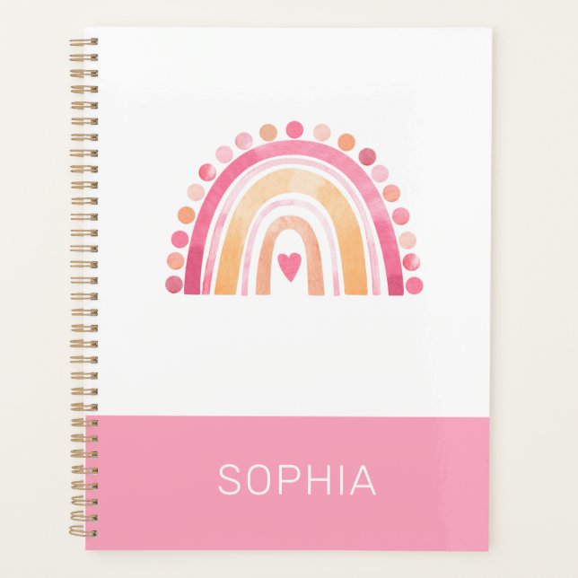 Cute Boho Watercolor Rainbow in Pink personalized Planner (Front)