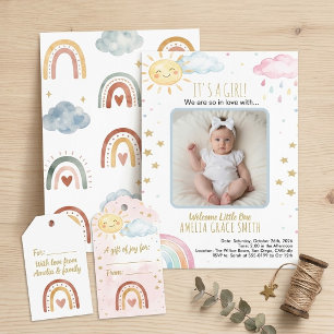 Cute Boho Watercolor Rainbow Sunshine Baby Photo Invitation