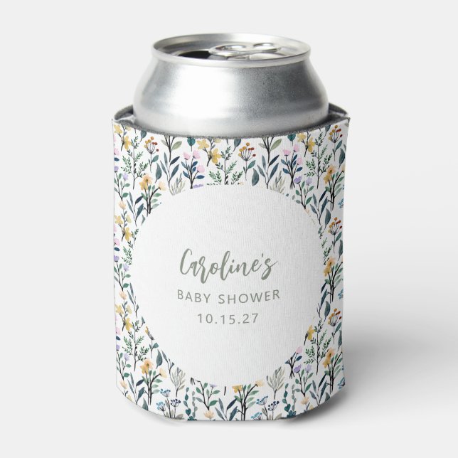 Cute Boho Watercolor Wildflower Baby Shower Custom Can Cooler (Can Front)