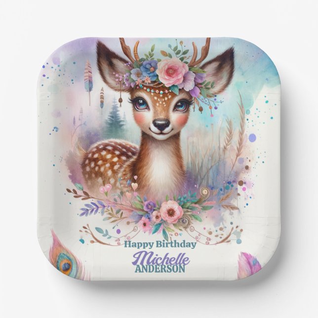 Cute Boho Watercolor Woodland Deer Birthday Party Paper Plate (Front)