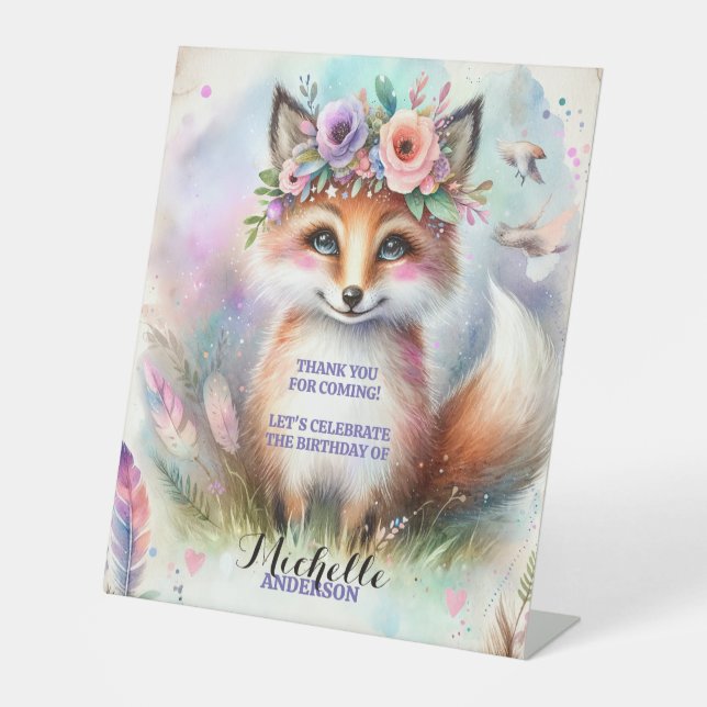 Cute Boho Watercolor Woodland Fox Birthday Party Pedestal Sign (Front)