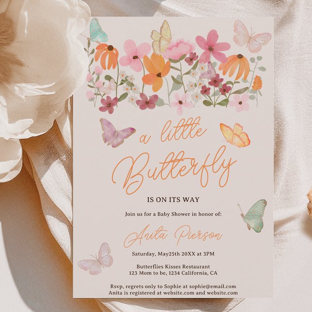 Cute boho wildflowers little butterfly baby shower invitation (Cute boho wildflowers little butterfly baby shower invitation on pink)