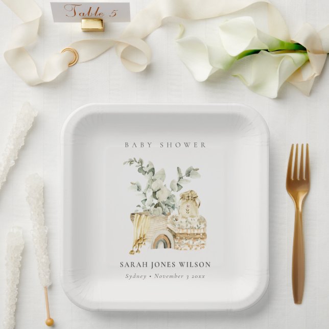 Cute Boho Yellow Nursery Foliage Baby Shower Paper Plate (Wedding)