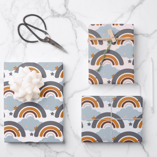 Cute Bold Boho Kid's Pastel Rainbow, Clouds & Star Wrapping Paper Sheet (Front)