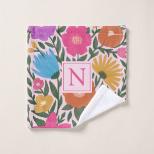 Cute Bold Colorful Flowers Girls Monogram   Wash Cloth