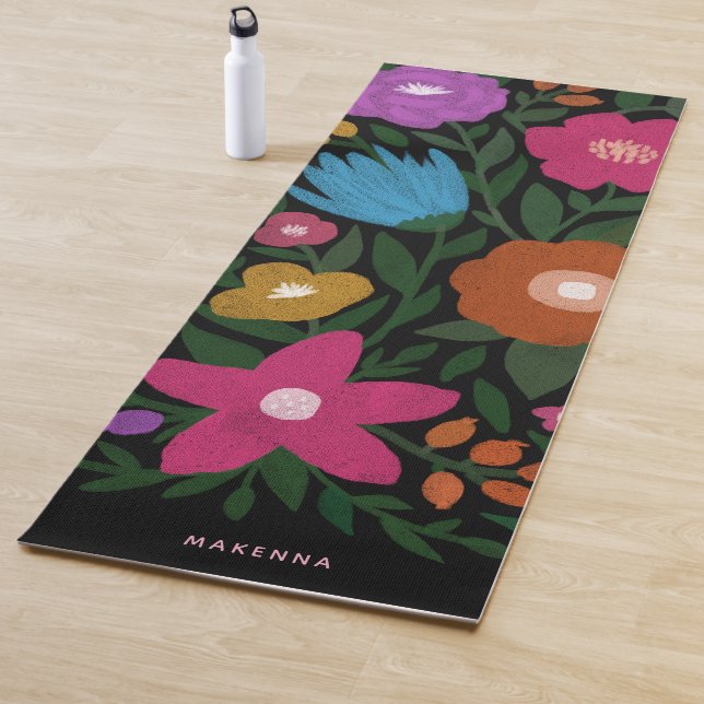 Cute Bold Colourful Florals Name | Black Yoga Mat (In Situ)