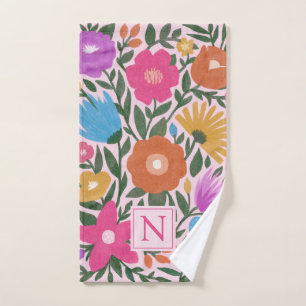 Cute Bold Colourful Flowers Girls Monogram Hand Towel