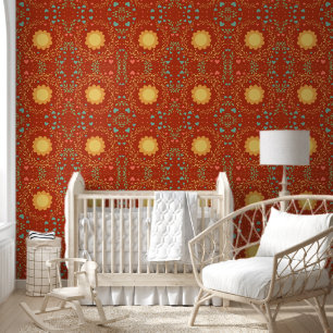 Cute Bold Red Floral Whimsical Pattern Wallpaper