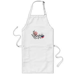 Cute Bonjour Floral Typography Women Long Apron