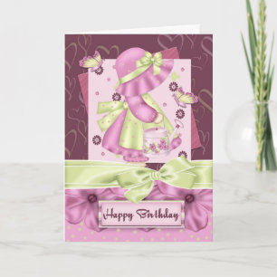 Cute Bonnet Girl Flower And Butterfly Birthday Gre Card
