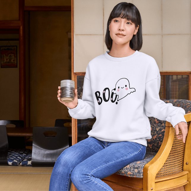 Cute Boo black and white Funny Halloween Ghost   T-Shirt (Creator Uploaded)