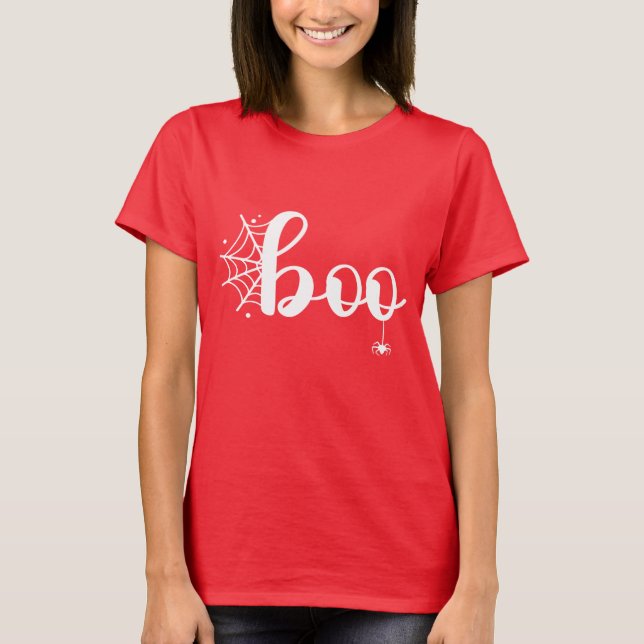 Cute “Boo” Halloween Script with Spider and Web T-Shirt (Front)