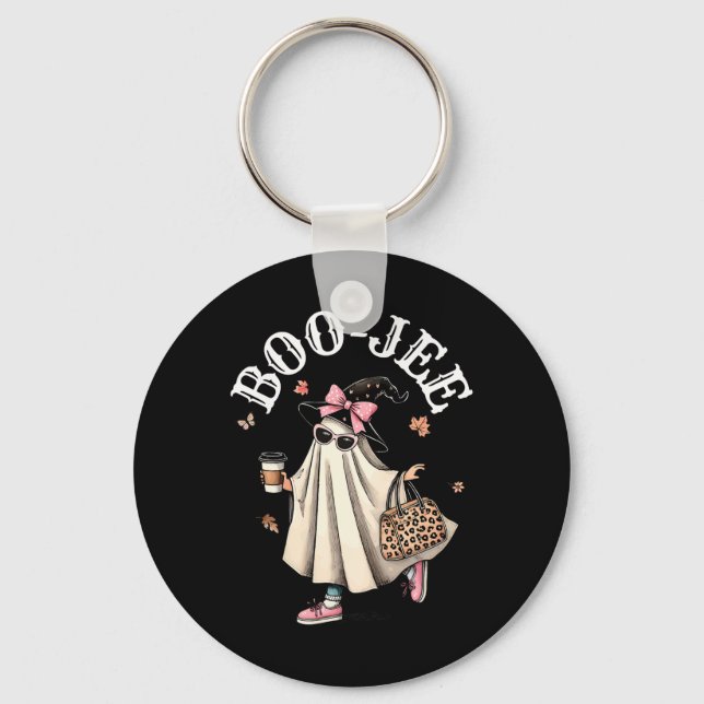 Cute Boo Jee Ghost Halloween Leopard Ghost Coffee  Keychain (Front)