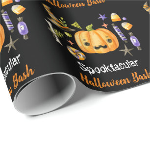Cute Boo Pumpkin Spooktacular Halloween Bash Black Wrapping Paper