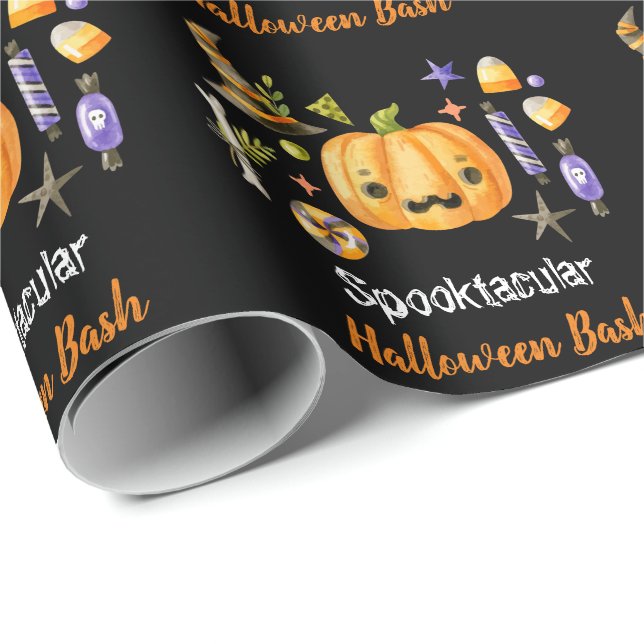 Cute Boo Pumpkin Spooktacular Halloween Bash Black Wrapping Paper (Roll Corner)