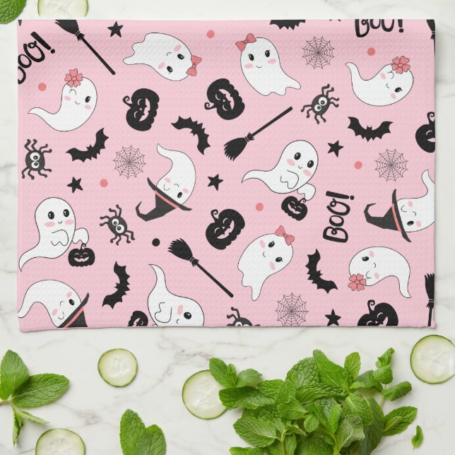 Cute Boo Spooky Ghost Halloween Pink Girl Kitchen Towel (Folded)