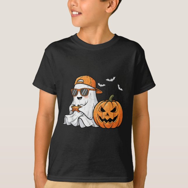Cute Boo With Sungles Playing Game Funny Halloween T-Shirt (Front)
