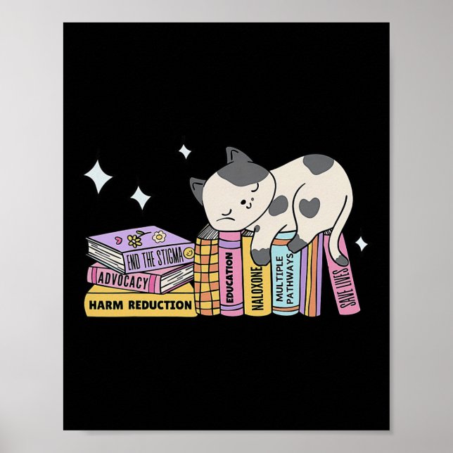 Cute Book Cat Harm Reduction Saves Lives Overdose  Poster (Front)