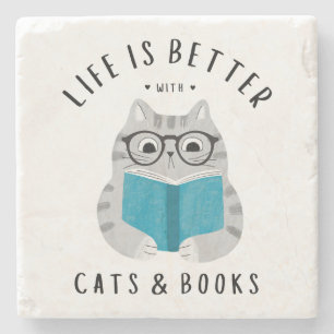 Cute Book Lover Cat Reading Book  Stone Coaster