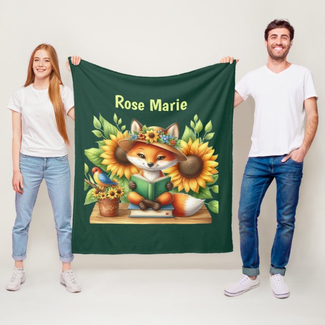 Cute book lovers add name fox  fleece blanket (In Situ)