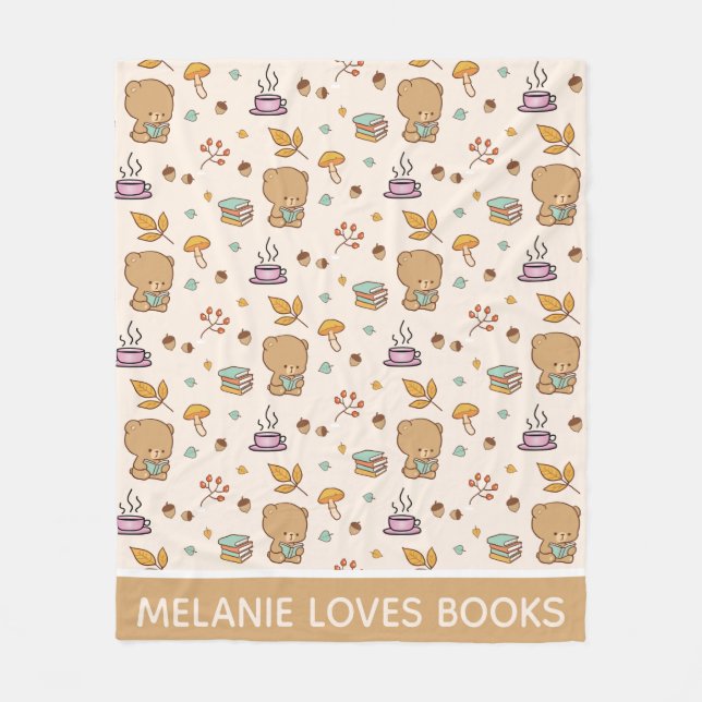 Cute Book Lovers Personalised Bear Pattern Fleece Blanket (Front)