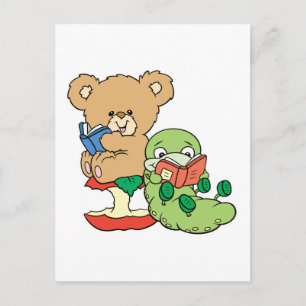 Cute Book Worm and Reading Bear Postcard