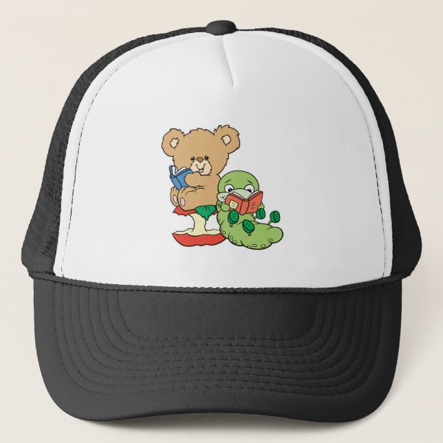 Cute Book Worm and Reading Bear Trucker Hat (Front)