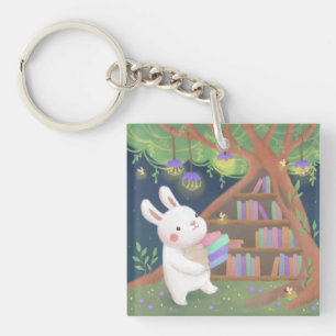 Cute Bookaholic Bunny Illustration Keychain