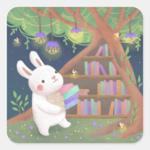 Cute Bookaholic Bunny Illustration Square Sticker
