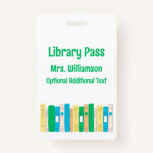 Cute Books School Library Hall Pass Badge