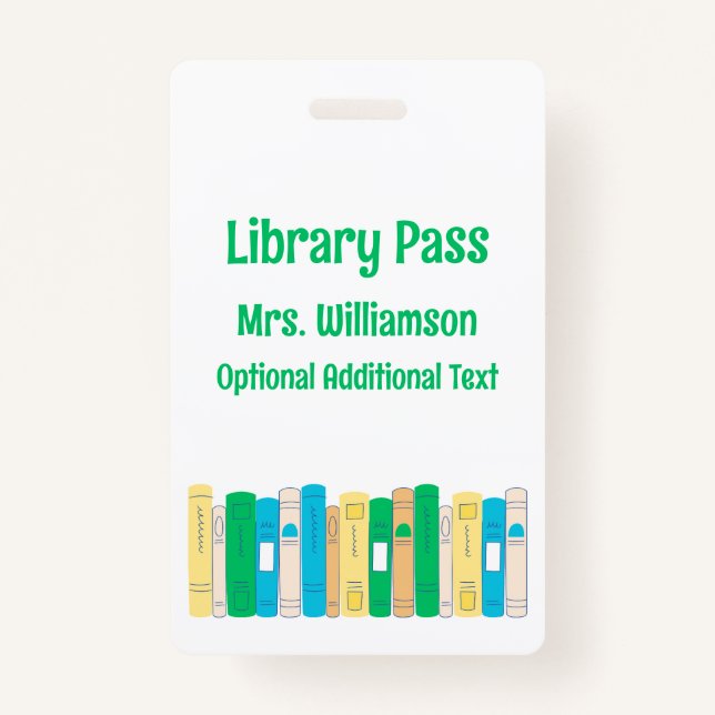 Cute Books School Library Hall Pass Badge (Front)