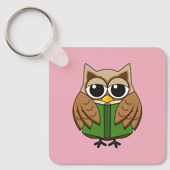 Cute Bookworm Owl Reading Book Cartoon Keychain (Front)