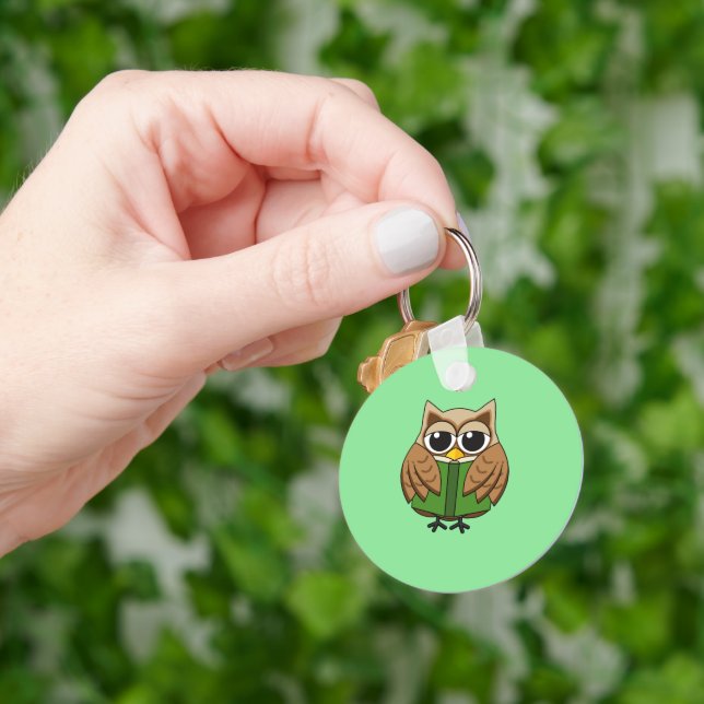 Cute Bookworm Owl Reading Book Cartoon Keychain (Hand)
