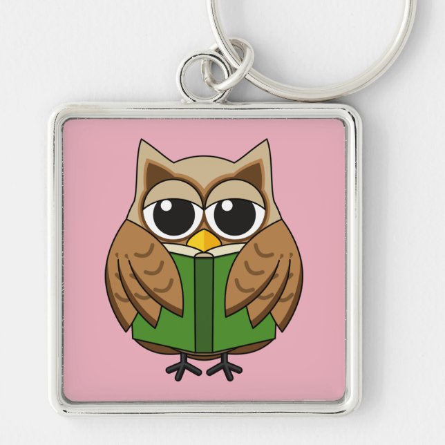 Cute Bookworm Owl Reading Book Cartoon Keychain (Front)