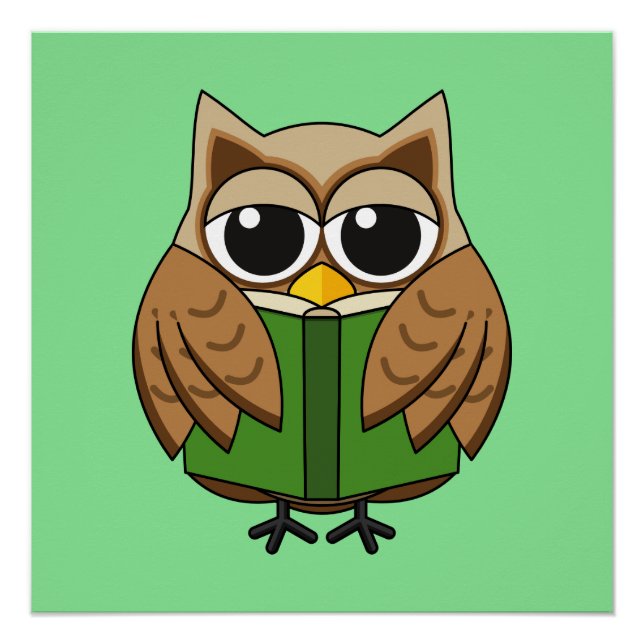 Cute Bookworm Owl Reading Book Cartoon Poster (Front)