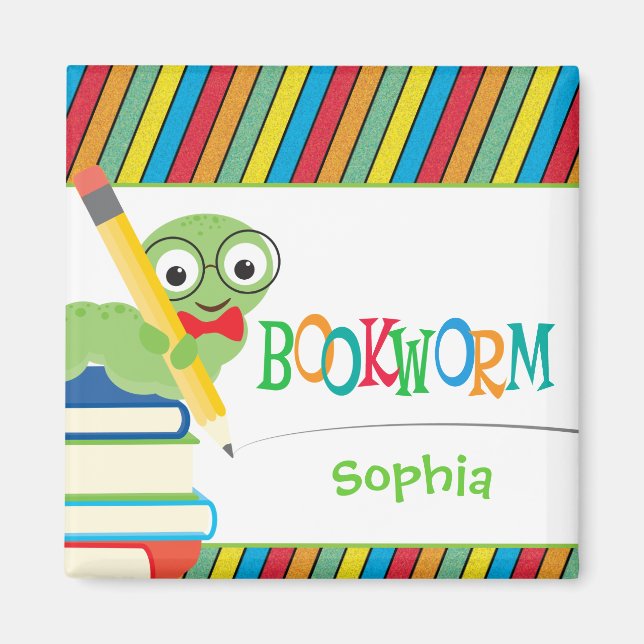 Cute Bookworm Sitting on Books Personalized Magnet (Front)