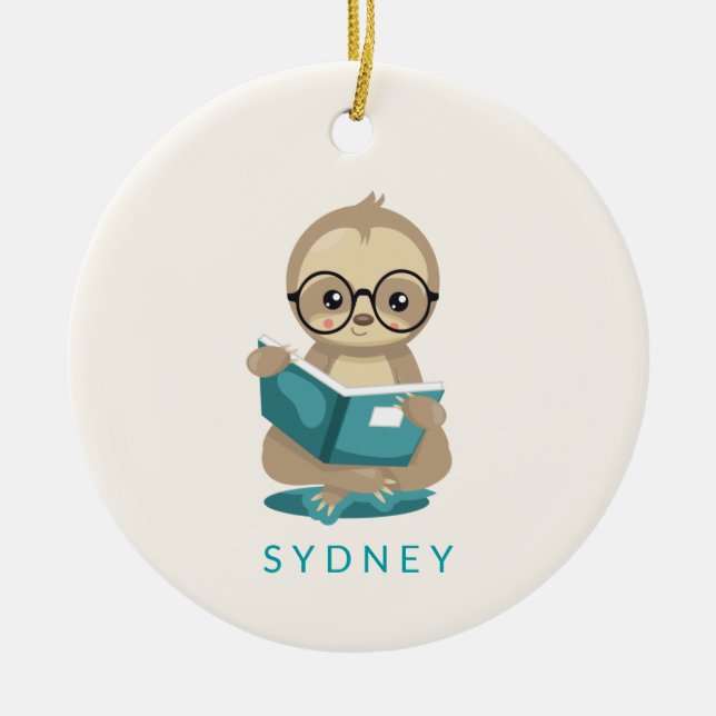 Cute Bookworm Sloth Reading Books Personalized   Ceramic Ornament (Front)