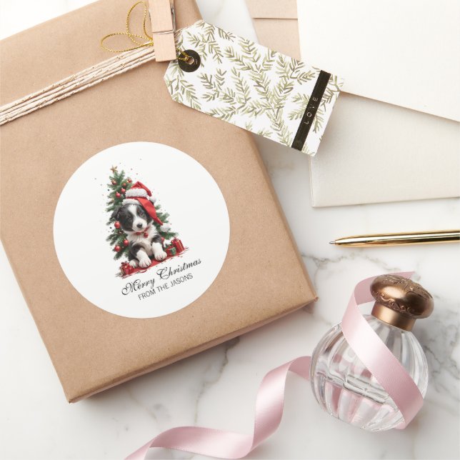 Cute Border Collie Christmas Puppy Personalized Classic Round Sticker (Gifting)