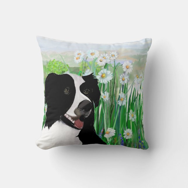 Cute, Border Collie Daisies Wall Art Poster Throw Pillow (Front)