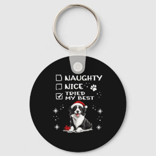 Cute Border Collie Dog Christmas Naughty Nice Trie Keychain
