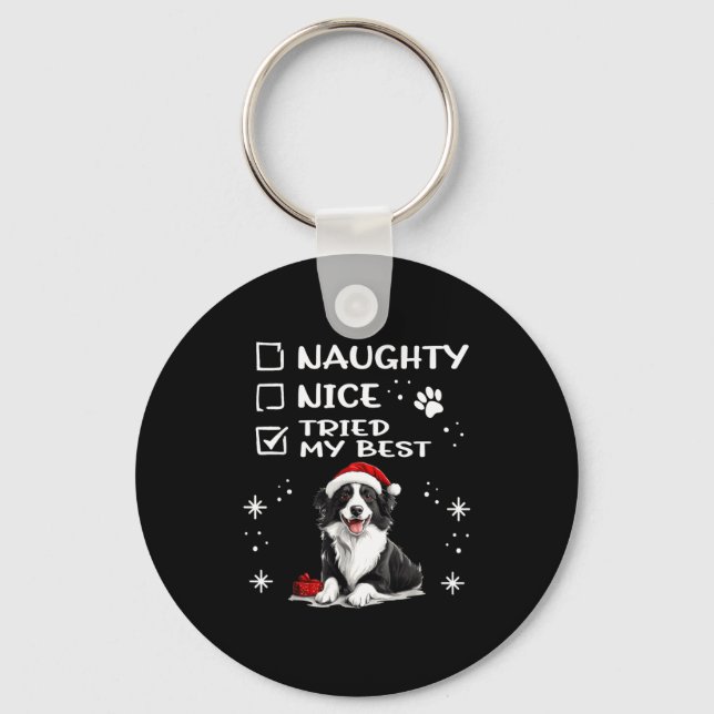 Cute Border Collie Dog Christmas Naughty Nice Trie Keychain (Front)