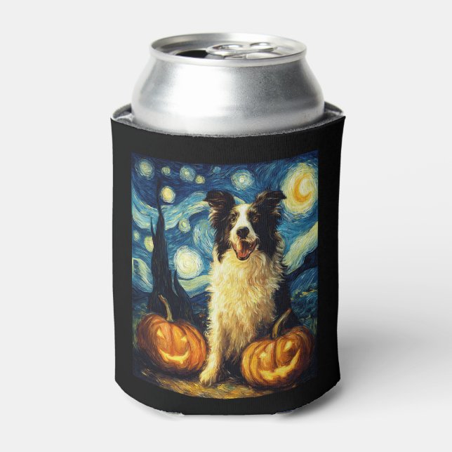 Cute Border Collie Dog Halloween Jack O Lantern Pu Can Cooler (Can Front)