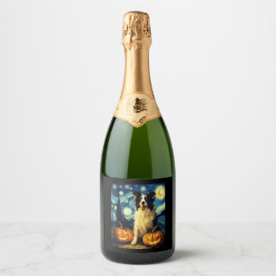 Cute Border Collie Dog Halloween Jack O Lantern Pu Sparkling Wine Label