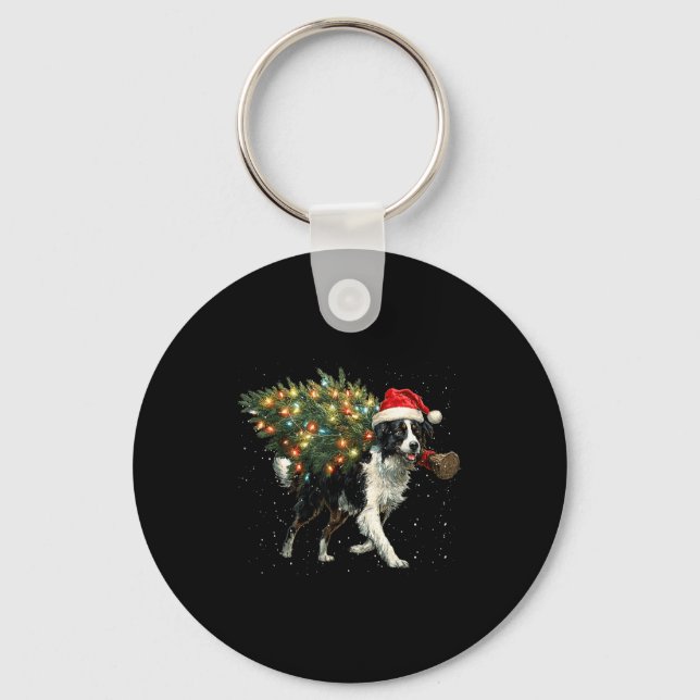 Cute Border Collie Dog In A Christmas Tree For Men Keychain (Front)