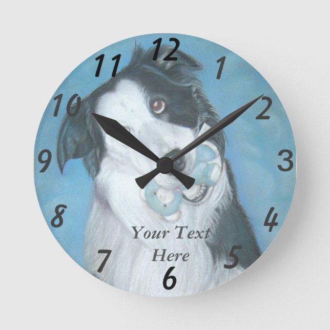 cute border collie dog with blue teddy bear round clock (Front)