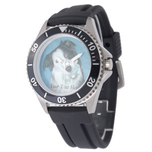 cute border collie dog with blue teddy bear watch