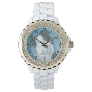 cute border collie dog with blue teddy bear watch