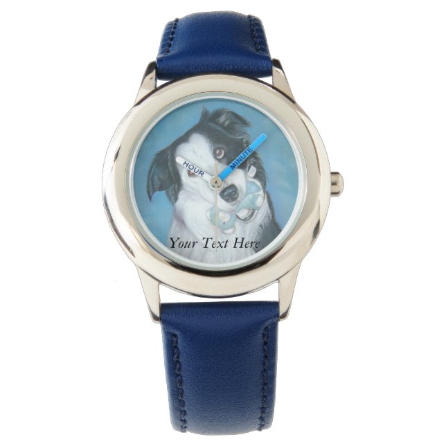 cute border collie dog with blue teddy bear watch (Front)