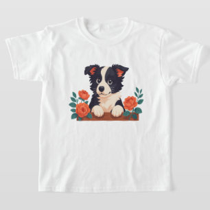 Cute Border Collie Funny Puppy Dog Rose Portrait  T-Shirt
