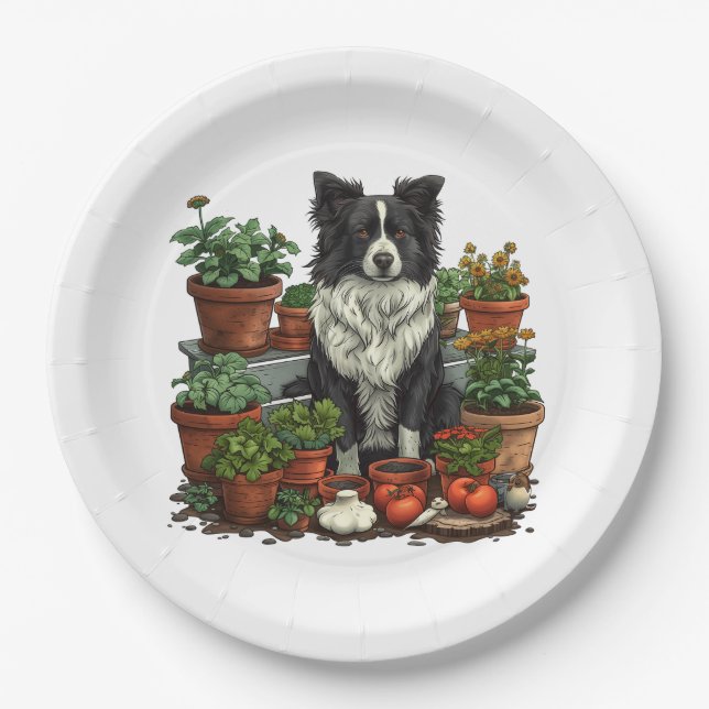 Cute Border Collie Gardening Paper Plate (Front)